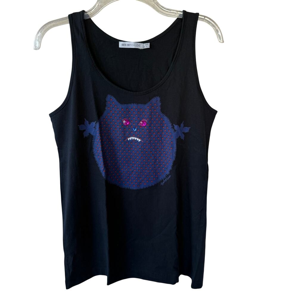 See by Chloé black tank top blue graphic monster cat-pink rhinestone eyes size 4